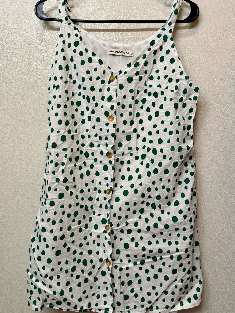 SM Wardrobe white with Green Polka Dot Button-Front Sundress